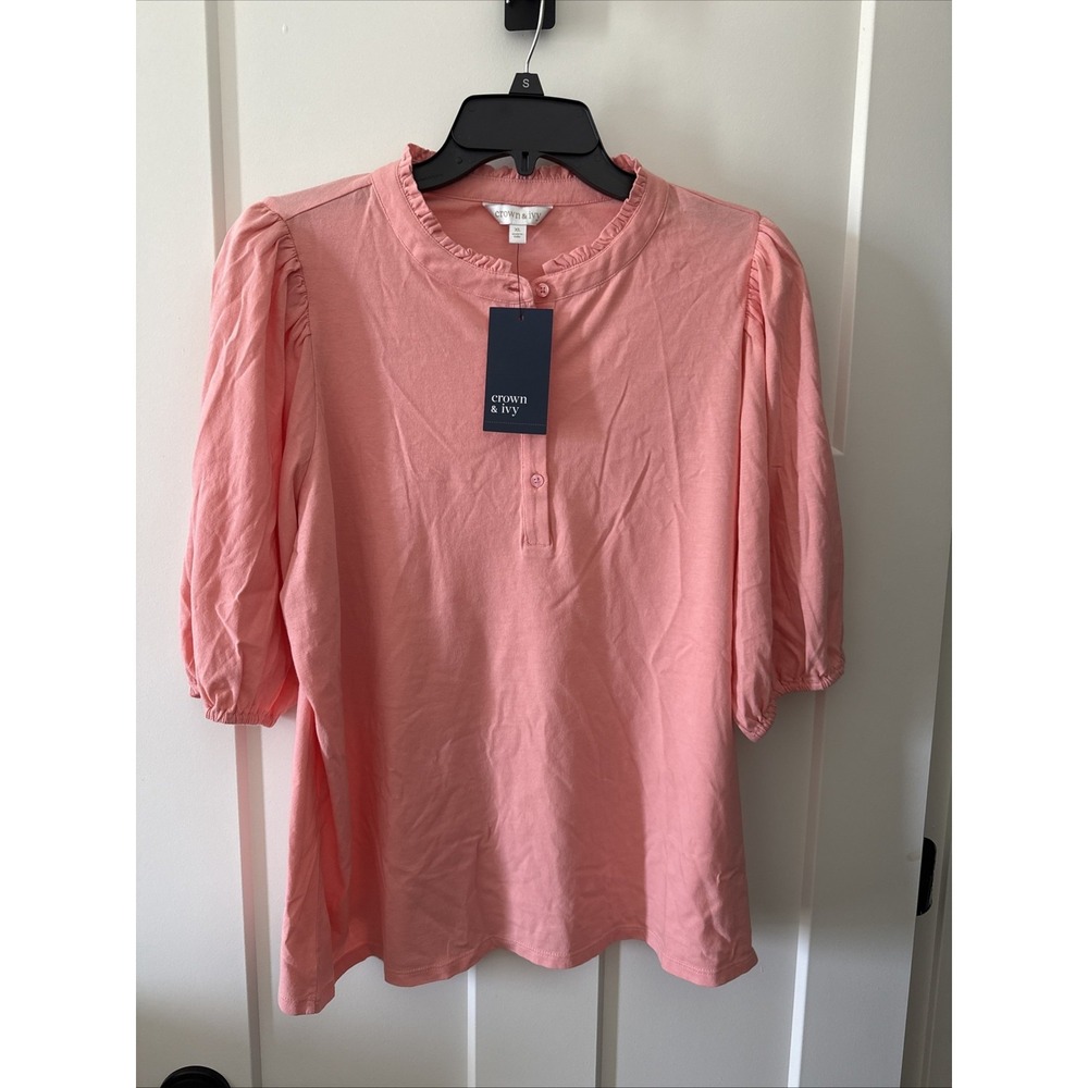 Crown & Ivy Women's Coral Puff Sleeve Shirt XL NWT